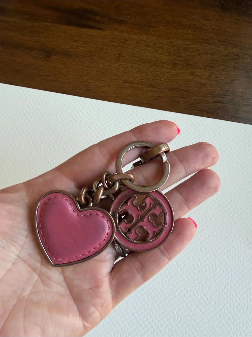 Tory Burch Rose Pink Leather Heart Keychain with Logo Medallion